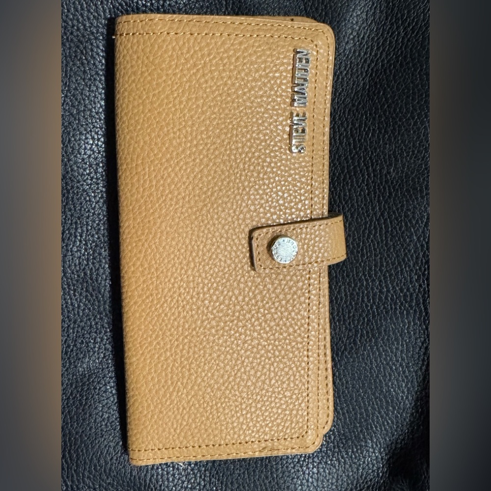 NEW WOMENS STEVE TAN FOLDOVER WALLET PEBBLE LEATHER SNAP BALLEN-S